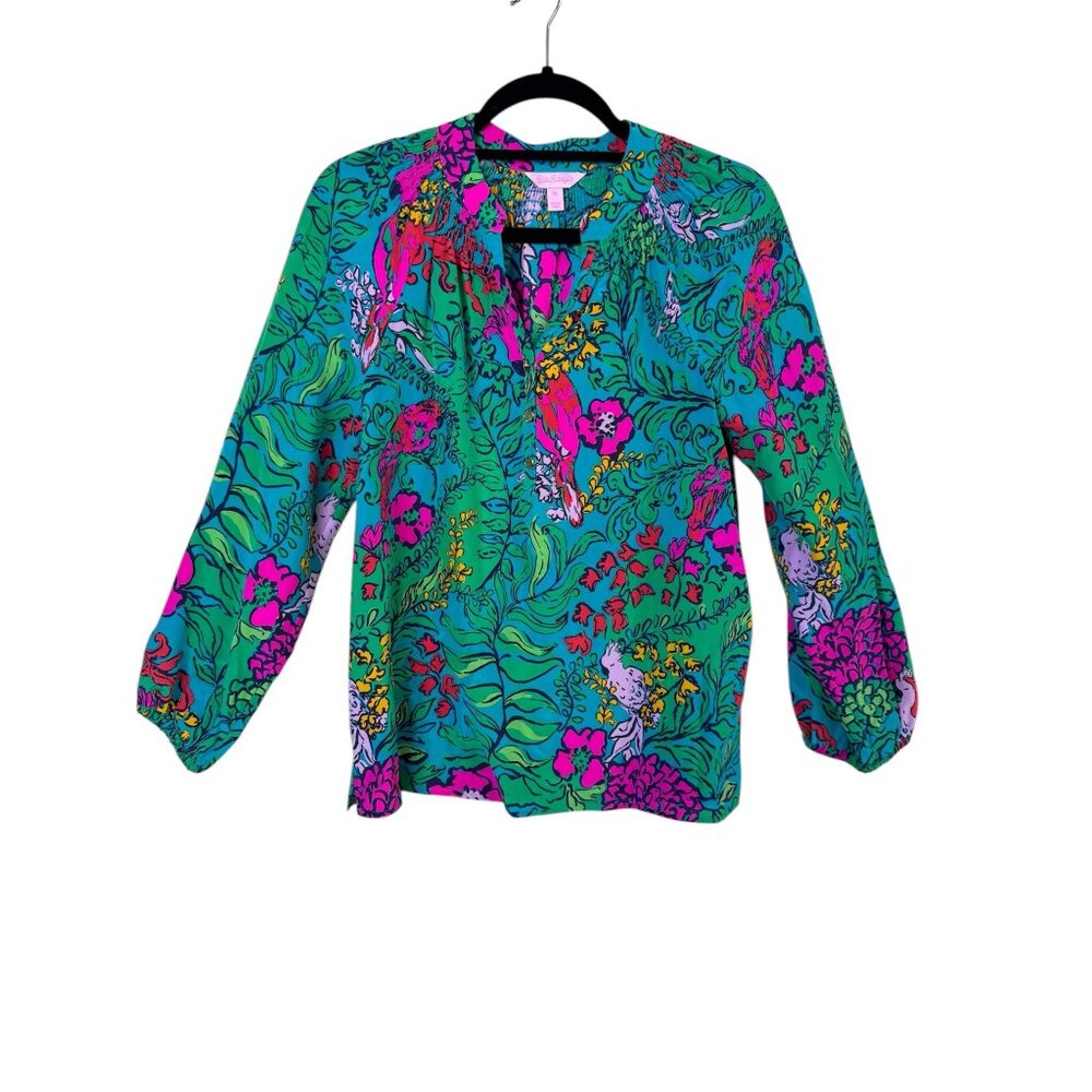 Lilly Pulitzer Elsa Shake Your Tail Feathers Floral 100% Silk Blouse Top Size XS
